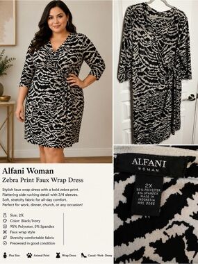 Alfani Woman Zebra Print Faux Wrap Dress Plus Size 2X